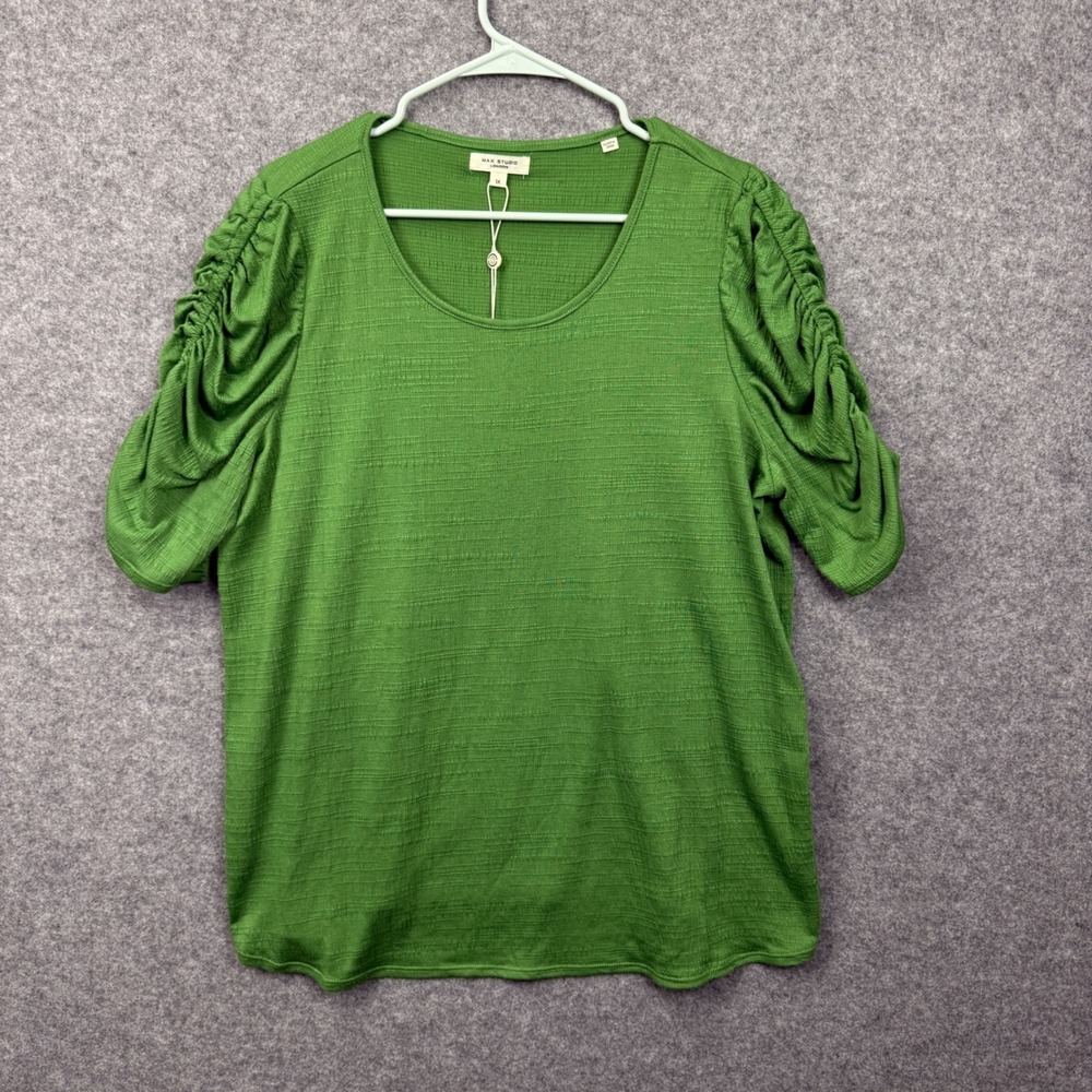 Max Studio London Green Ruched Short Sleeve Textured Slub Top 1X NWT 3W01S78